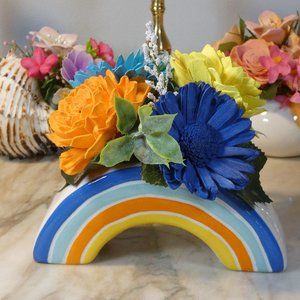 Rainbow planter with 4 pretty coordinating Sola wood flowers